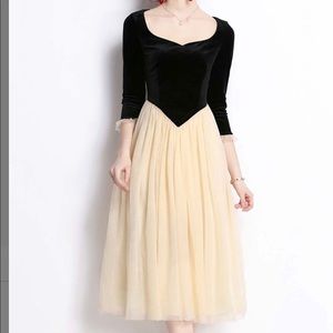 Black and cream tulle skirt midi dress